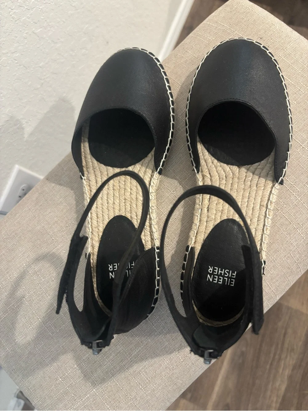 NWOB Eileen Fisher Lala Leather Espadrille Flats Woven Sole Ankle Strap Sz 8